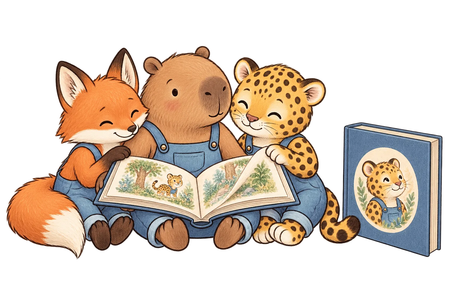 Fox, capybara and jaguar reading a printed picture book