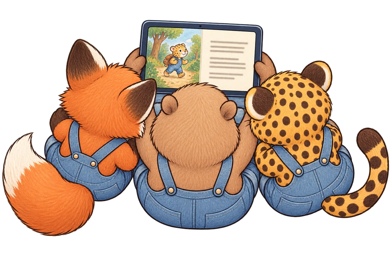 Fox, capybara and jaguar reading an illustrated story together