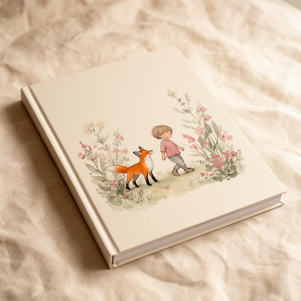 A premium hardcover children's storybook resting on warm linen, with an illustrated cover of a child meeting a small fox in a garden.